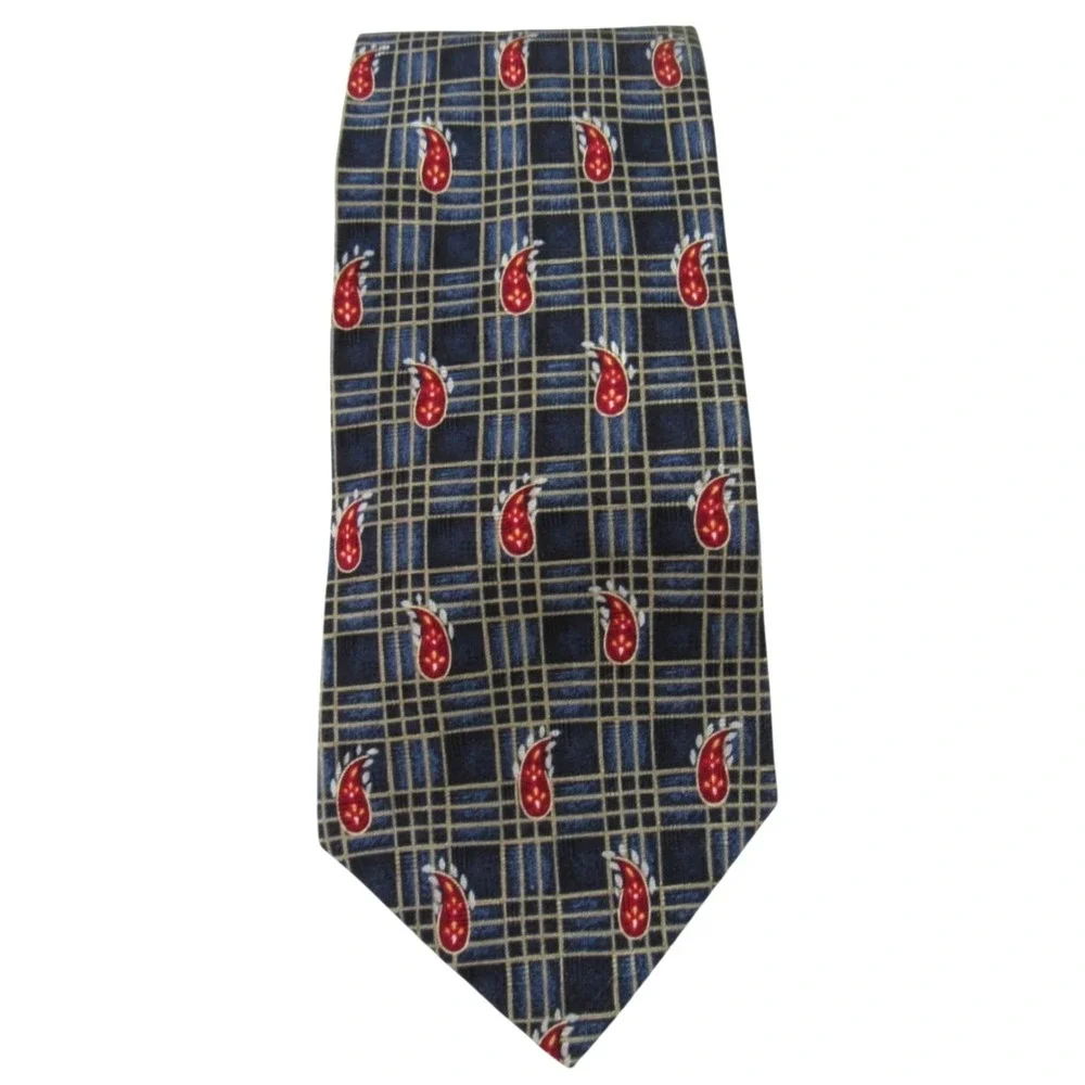 VTG CHAPS RALPH LAUREN Blue TARTAN Red Paisley Print SILK Men's NECK TIE 57